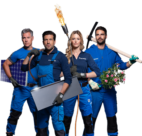 Schoop Team mit Solarpanel, Blech, Flammgerät und Gartenwerkzeug für Dach, Garten und Solar im Aargau
